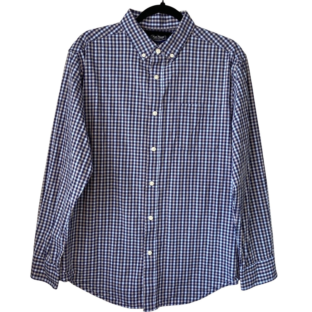 Nat‎ Nast Mens Blue Gingham Check Plaid Long Sleeve Button Down Shirt Large